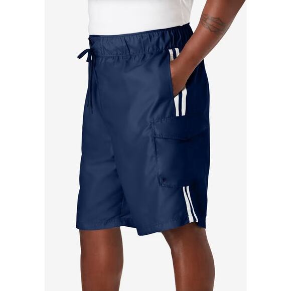 KS Island Men’s Big & Tall Navy Blue Double Stripe Swim Board Shorts - Picture 1 of 13